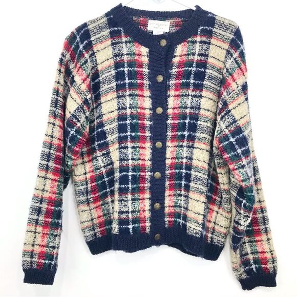 Christopher & Banks Navy Blue Cream Plaid Fuzzy Knit Cardigan Sweater - Picture 1 of 11